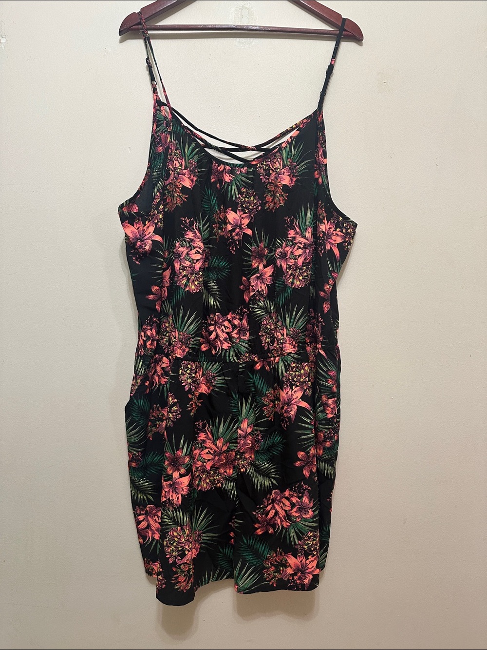 Arizona Jean Company Black Floral Strappy Romper with Pink & Green Print